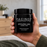 Pacinos Classic Styling Gel 16 oz jar held in a man's hand
