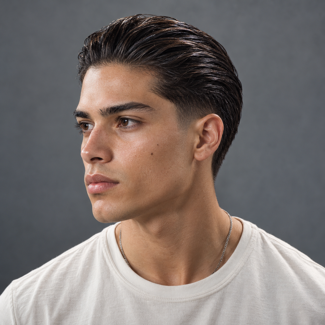 Man with sleek, combed-back firm-hold hair styled with Pacinos Classic Styling Gel