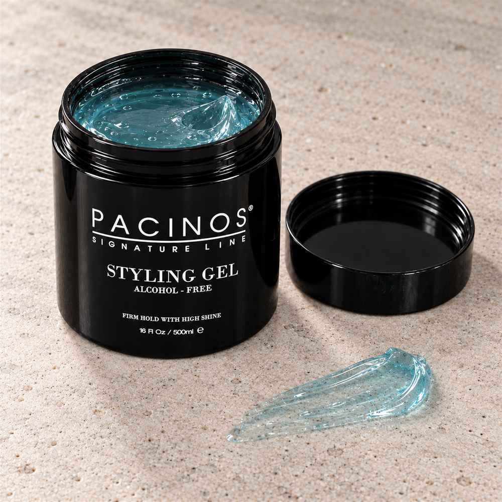 Open jar of Pacinos Classic Styling Gel with a swipe of the clear blue gel on stone