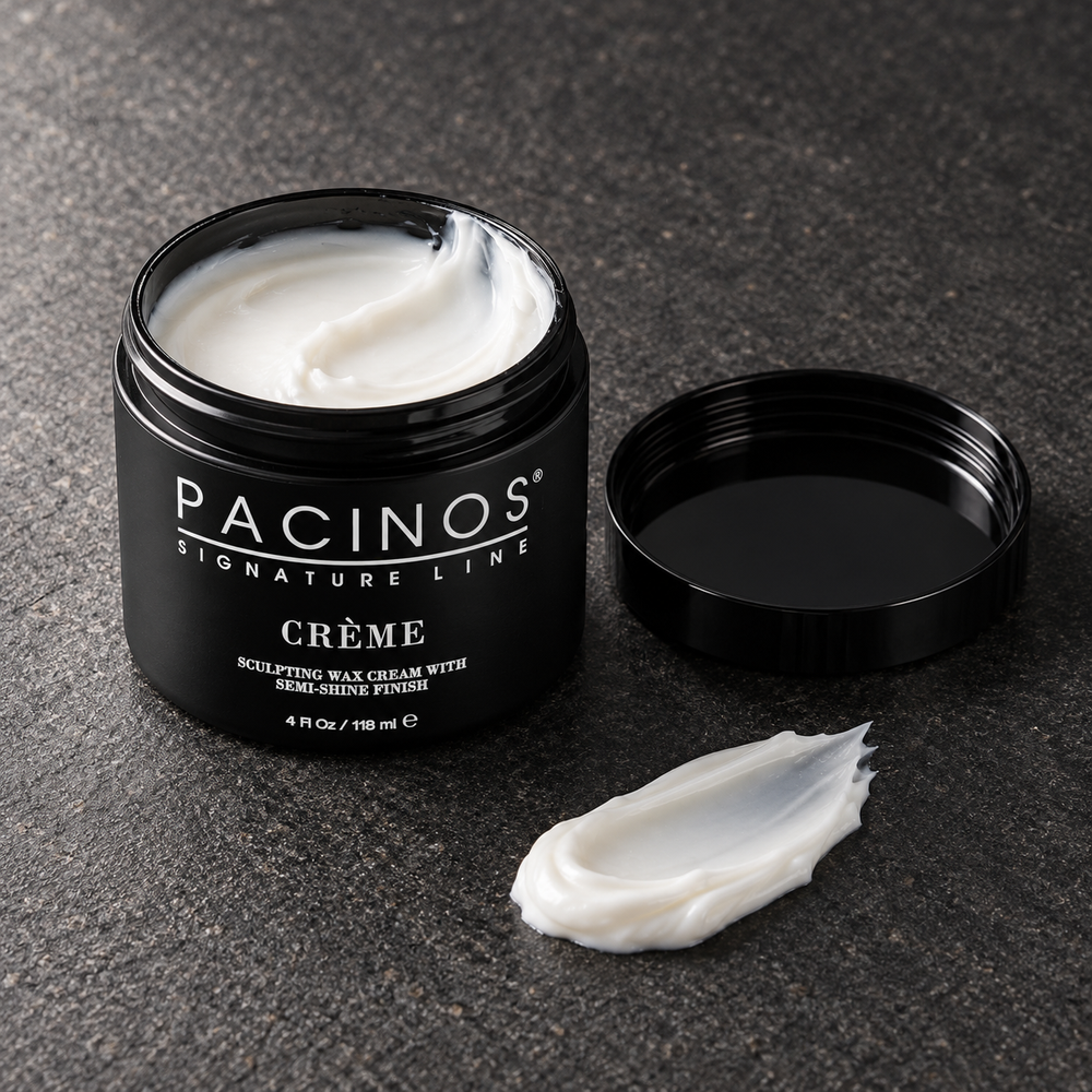 Pacinos Creme sculpting wax cream: open 4 oz jar and a swipe of the white cream on dark stone