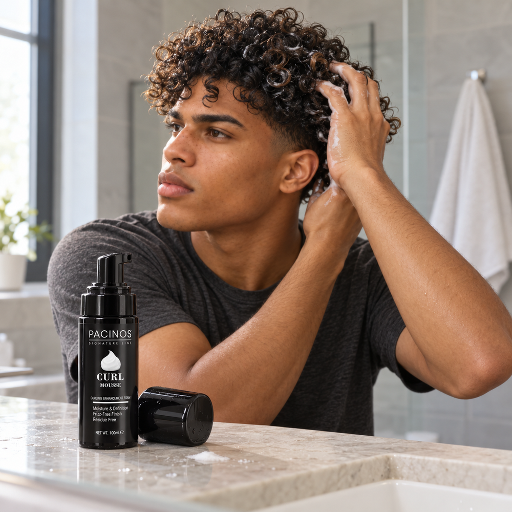 Man scrunching Pacinos Curl Mousse into his curls at the bathroom sink