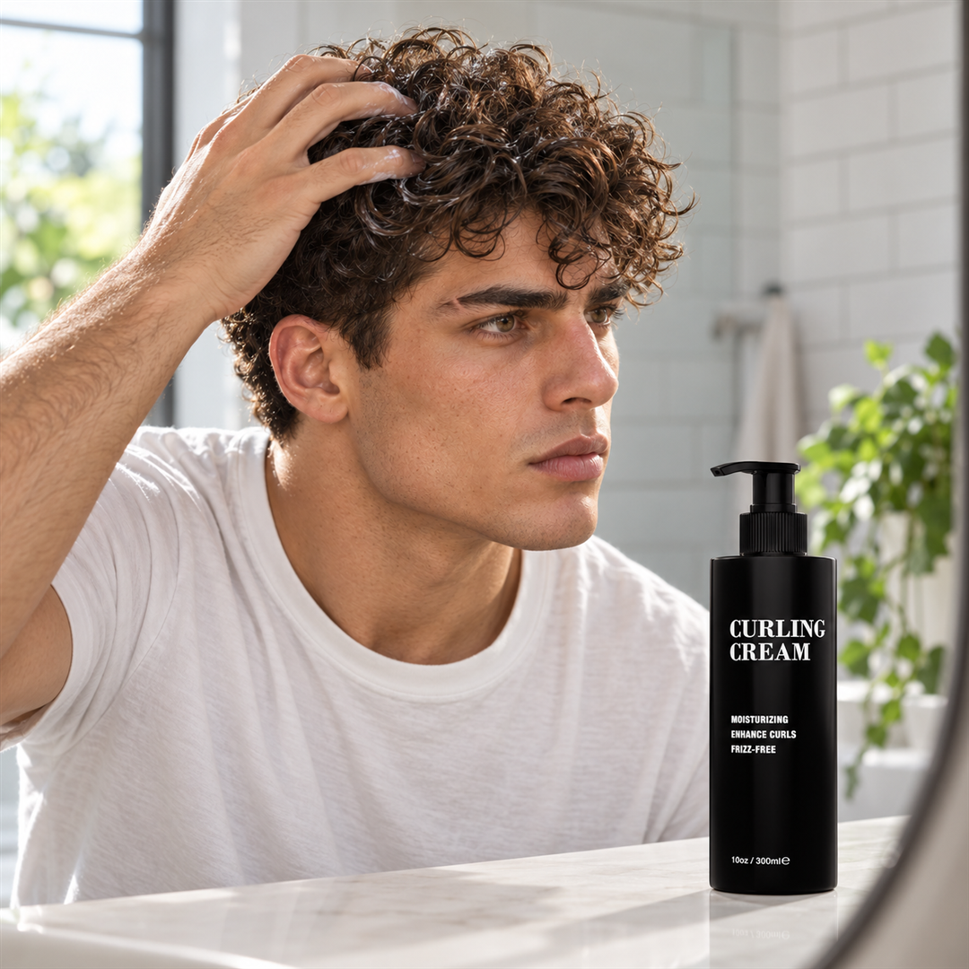 Man raking Pacinos Curling Cream through his curls at the mirror