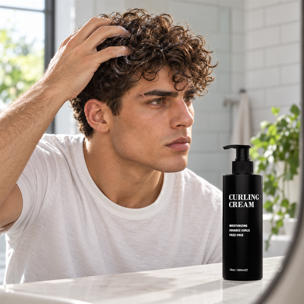 Man raking Pacinos Curling Cream through his curls at the mirror