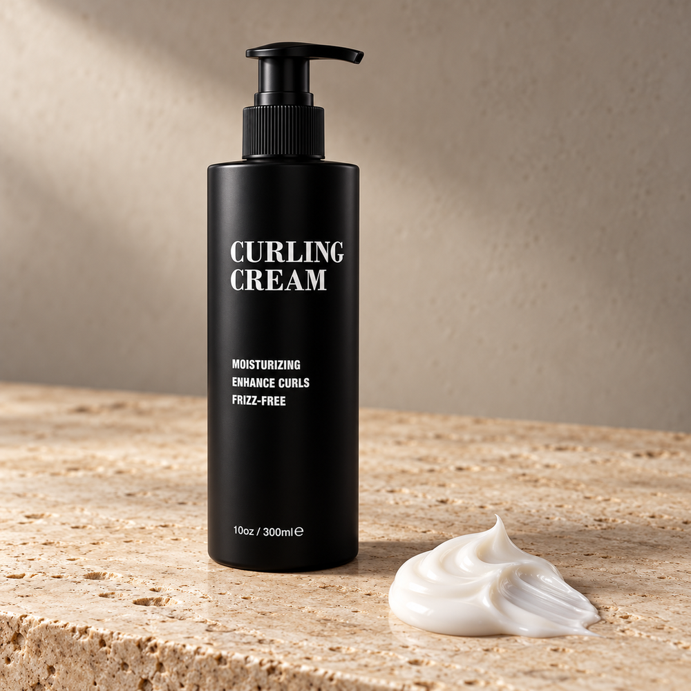 Pacinos Curling Cream pump bottle beside a swirl of white cream on travertine