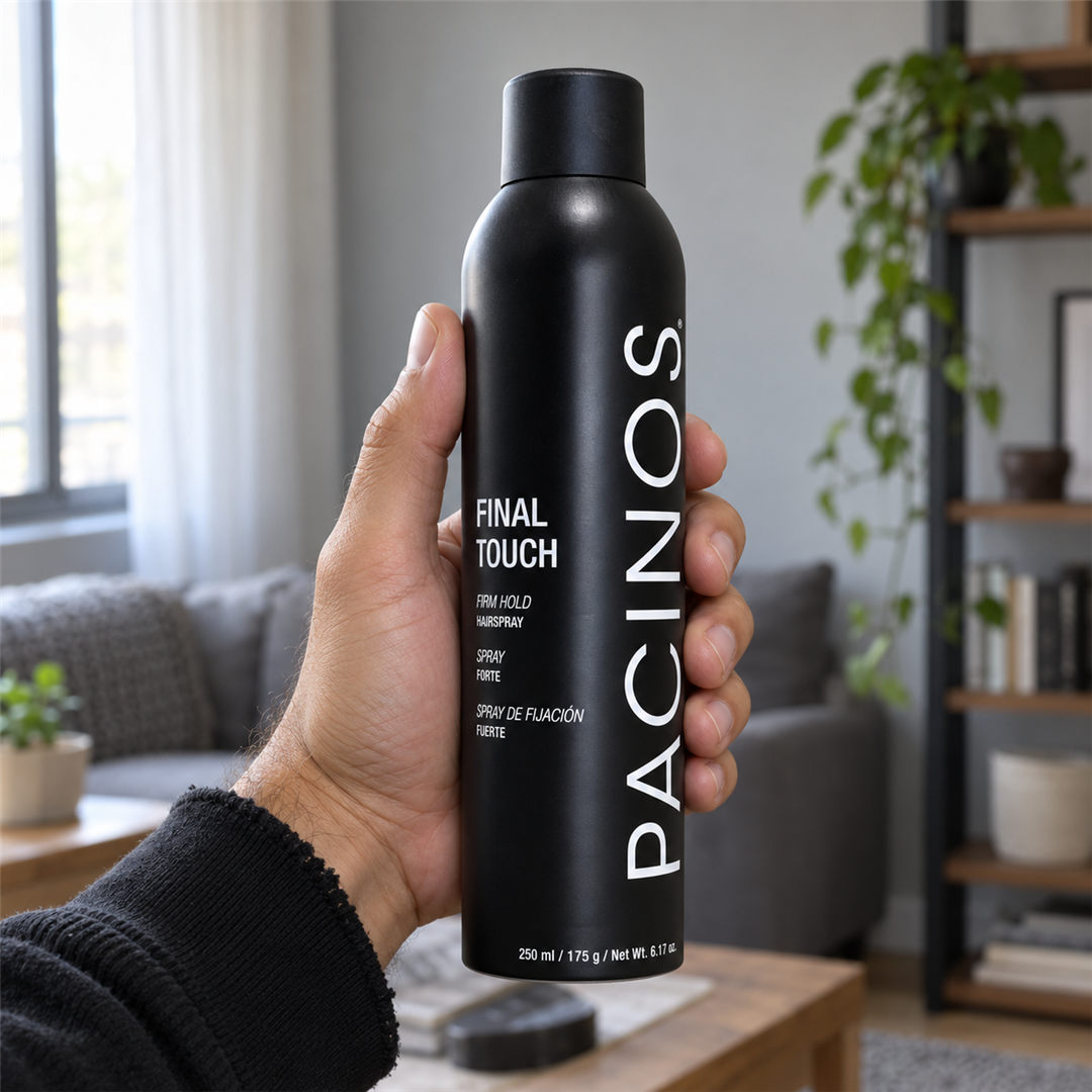 Pacinos Final Touch hair spray can held in a man's hand to show its size
