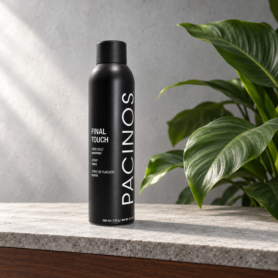Pacinos Final Touch hair spray can on a stone ledge beside green leaves