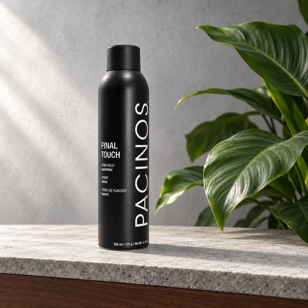 Pacinos Final Touch hair spray can on a stone ledge beside green leaves