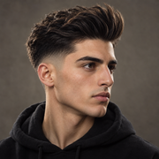 Man with a voluminous held quiff and skin fade finished with Pacinos Final Touch hair spray
