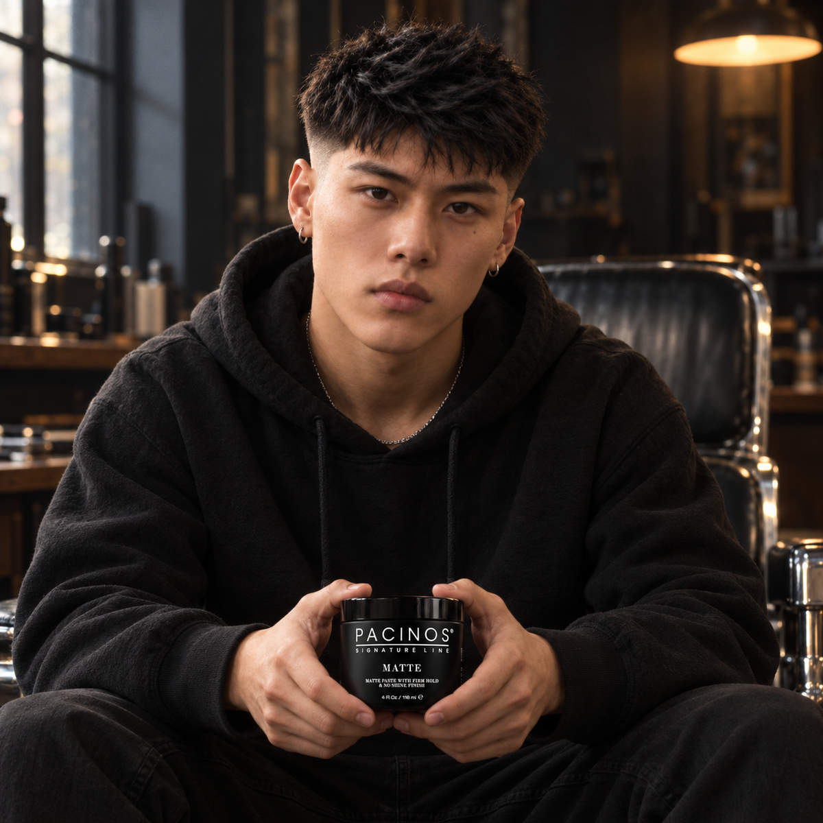 Young man with a textured crop and skin fade holding Pacinos Matte hair paste in a barbershop chair