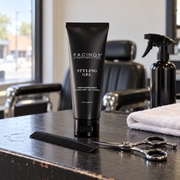 Pacinos Styling Gel 8 oz tube on a daytime barber station with a comb, scissors and towel