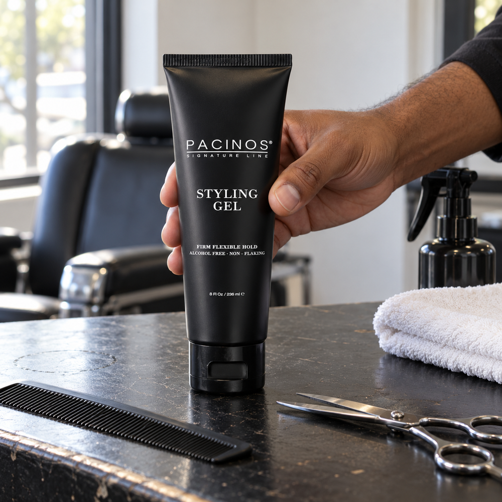 Barber picking up Pacinos Styling Gel 8 oz from his station beside a comb and scissors