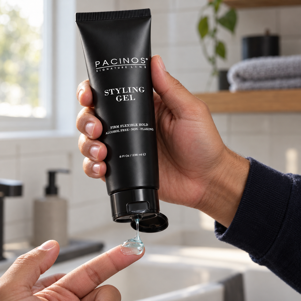 Squeezing clear Pacinos Styling Gel from the 8 oz tube onto a fingertip