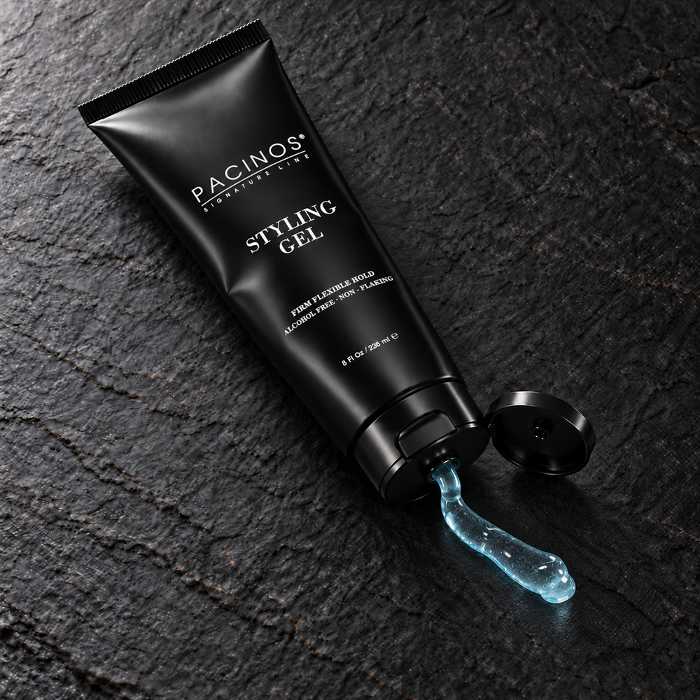 Pacinos Styling Gel 8 oz tube with a short squeeze of clear blue gel on slate