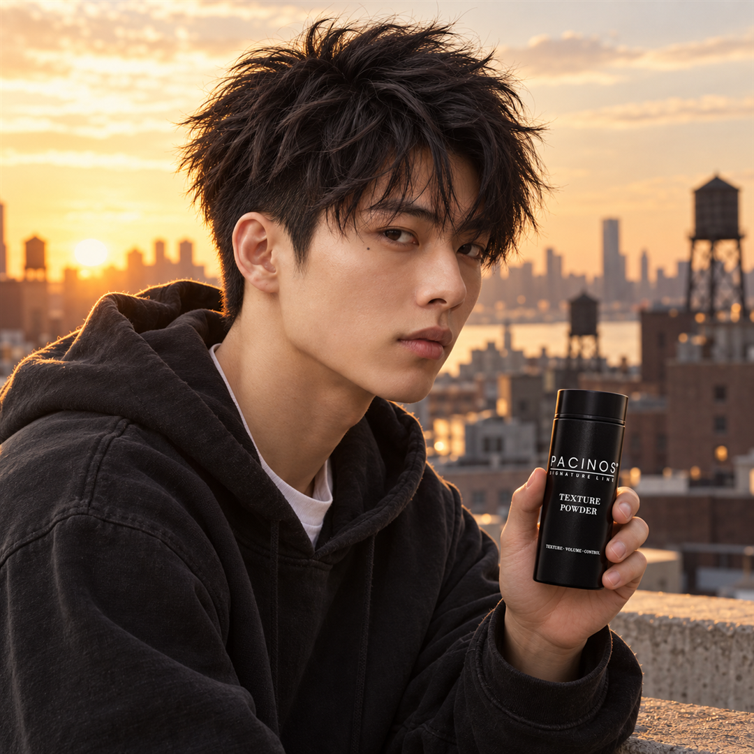 Young man holding Pacinos Texture Powder on a rooftop at golden hour
