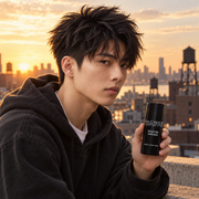 Young man holding Pacinos Texture Powder on a rooftop at golden hour