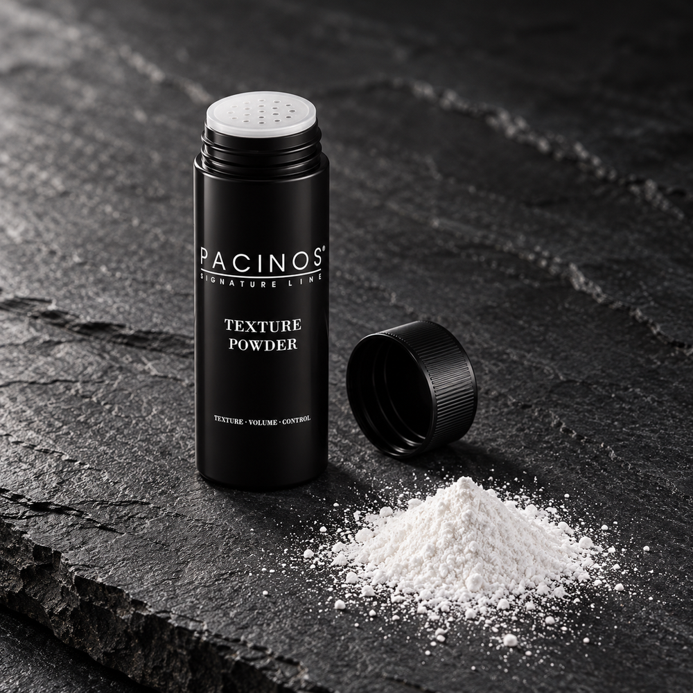 Open Pacinos Texture Powder shaker beside a pile of white powder on dark stone
