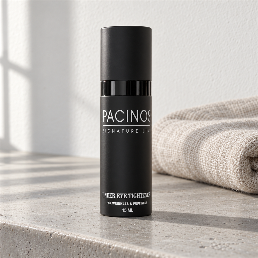 Pacinos Under Eye Tightener on a concrete ledge